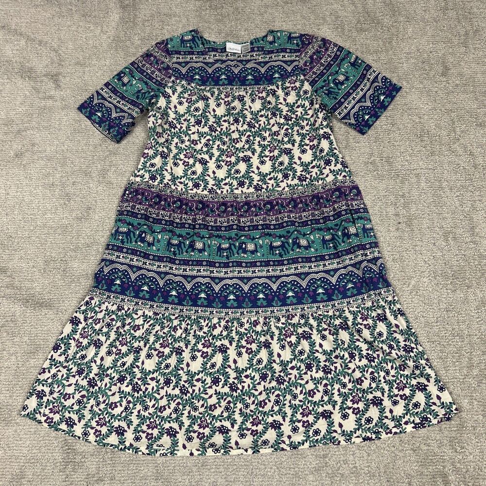 The Vermont Country Store Dress Womens Medium Purple Green Elephants Pockets